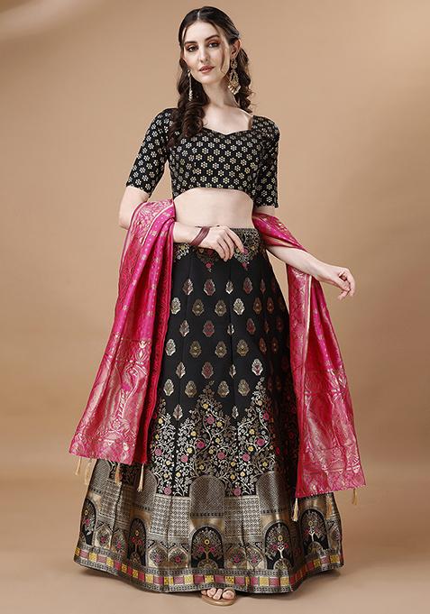 Black Embroidered Brocade Zari Woven Lehenga Set