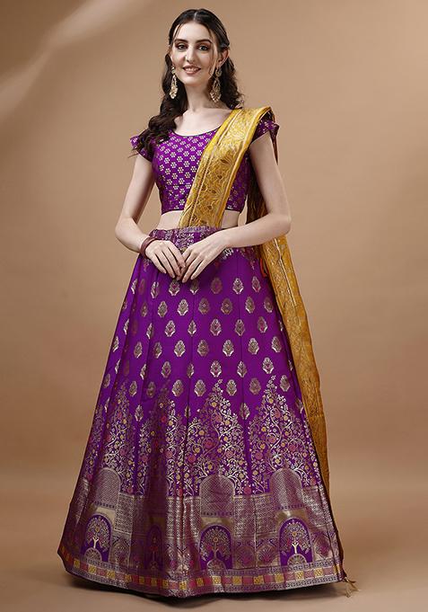 Purple Embroidered Brocade Zari Woven Lehenga Set