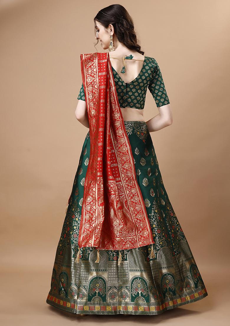 Green Embroidered Brocade Zari Woven Lehenga Set