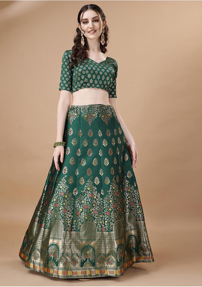 Green Embroidered Brocade Zari Woven Lehenga Set