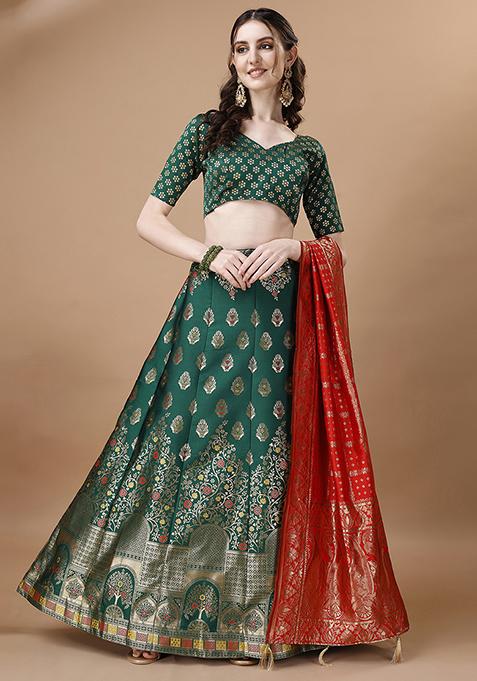 Green Embroidered Brocade Zari Woven Lehenga Set