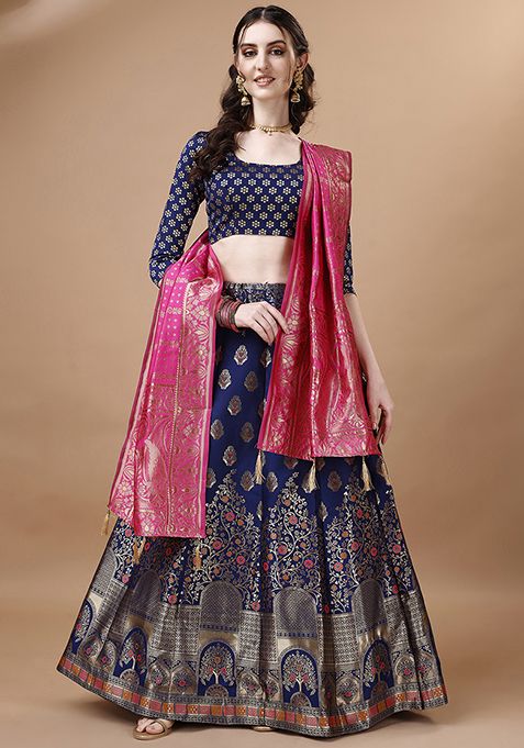 Blue Embroidered Brocade Zari Woven Lehenga Set