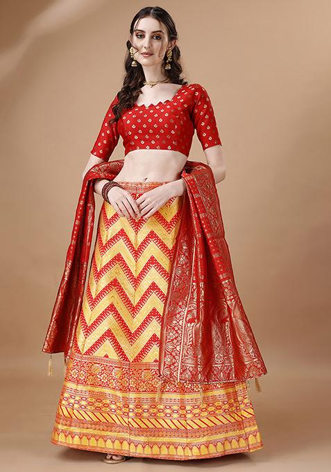 Yellow Embroidered Brocade Zari Woven Lehenga Set