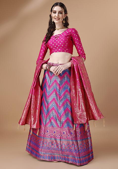 Purple Embroidered Brocade Zari Woven Lehenga Set