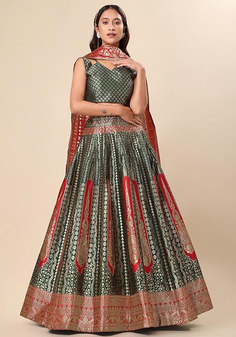 Deep Green Embroidered Brocade Zari Woven Lehenga Set