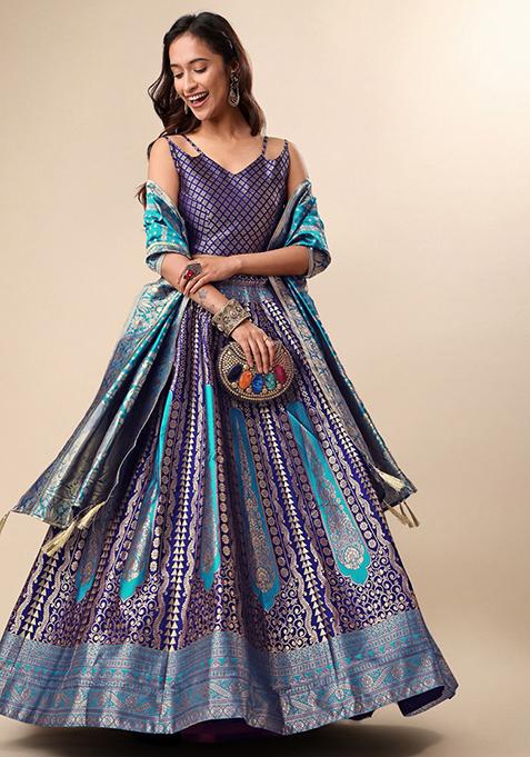 Turquoise Blue Embroidered Brocade Zari Woven Lehenga Set