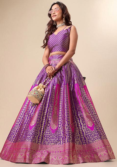 Purple Embroidered Brocade Zari Woven Lehenga Set