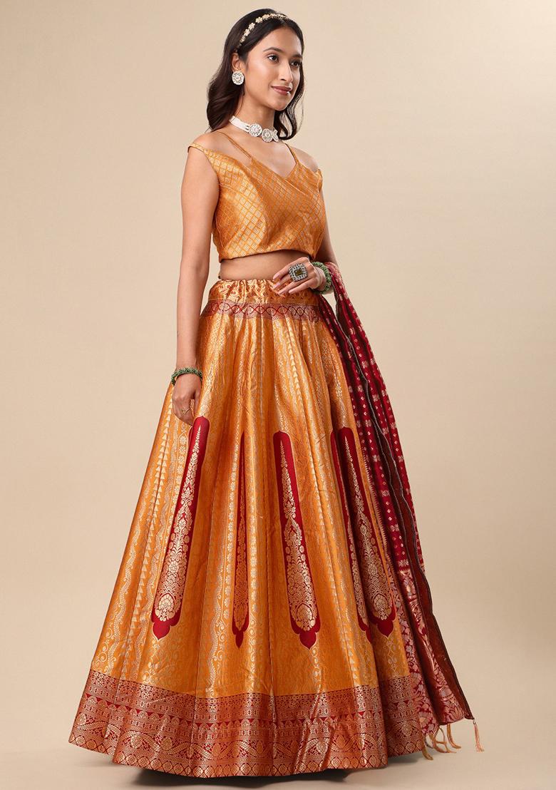Orange Embroidered Brocade Zari Woven Lehenga Set