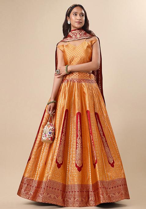 Orange Embroidered Brocade Zari Woven Lehenga Set