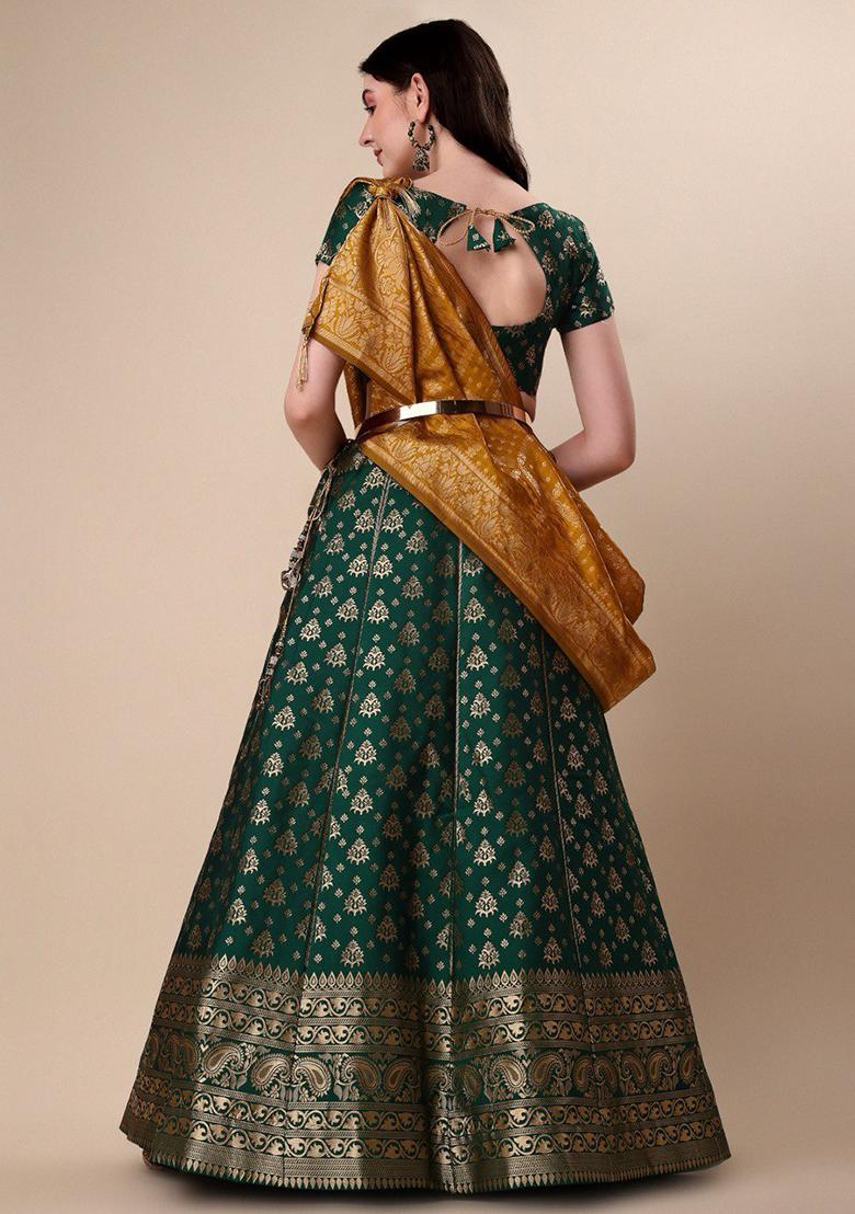Dark Green Embroidered Brocade Zari Woven Lehenga Set