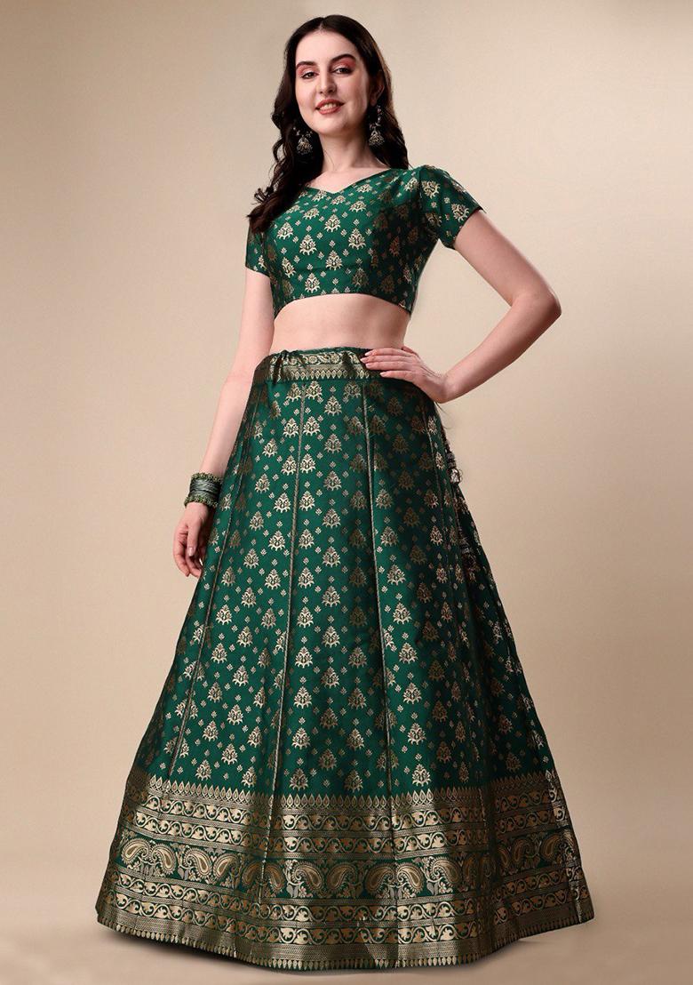Dark Green Embroidered Brocade Zari Woven Lehenga Set