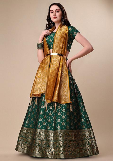 Dark Green Embroidered Brocade Zari Woven Lehenga Set