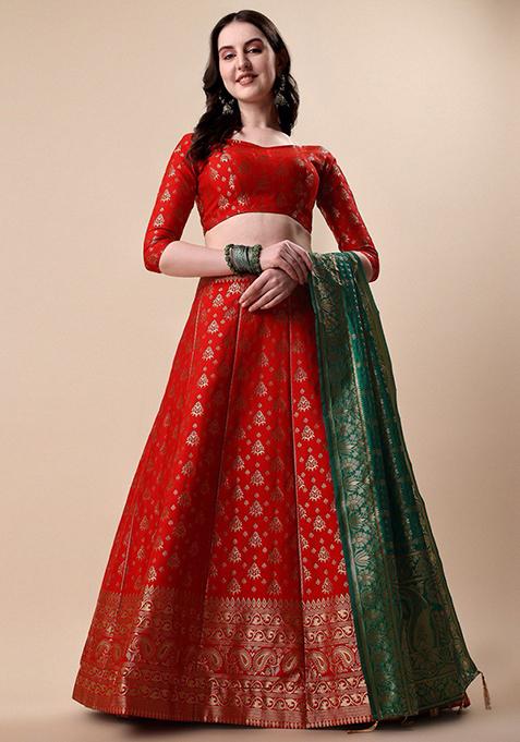 Red Woven Embroidered Brocade Lehenga Set