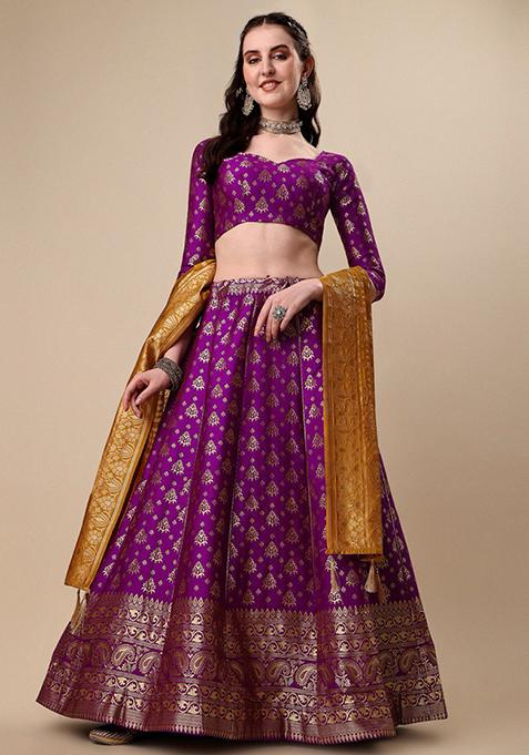 Violet Embroidered Brocade Zari Woven Lehenga Set