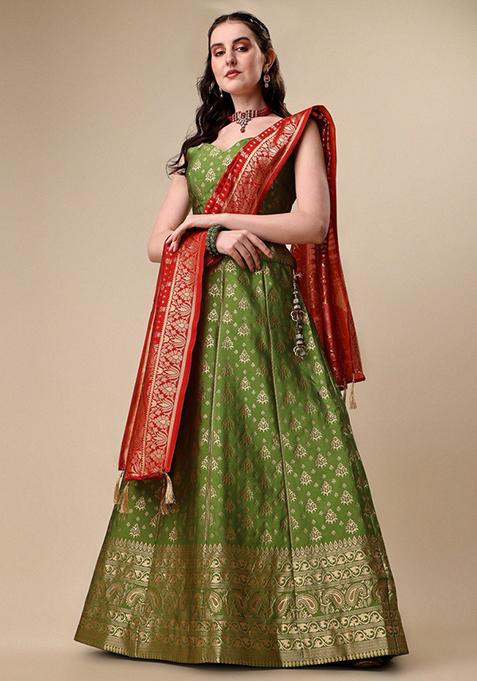 Mehendi Embroidered Brocade Zari Woven Lehenga Set