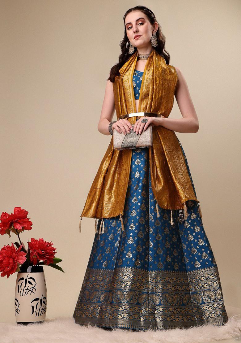 Rama Blue Woven Embroidered Brocade Lehenga Set