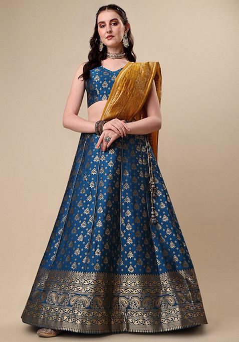 Rama Blue Woven Embroidered Brocade Lehenga Set