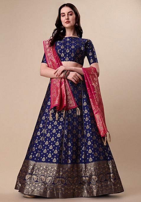 Blue Woven Embroidered Brocade Lehenga Set