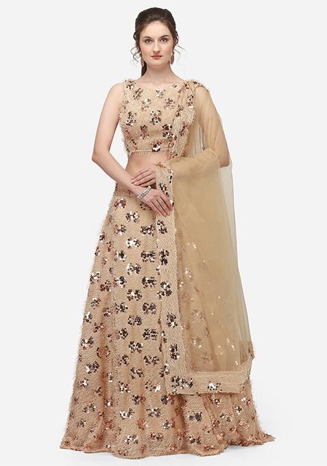 Cream Sequin Embroidered Silk Lehenga Set