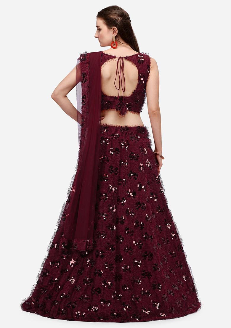 Maroon Sequin Embroidered Silk Lehenga Set