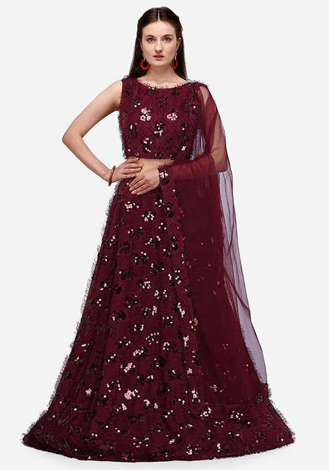 Maroon Sequin Embroidered Silk Lehenga Set