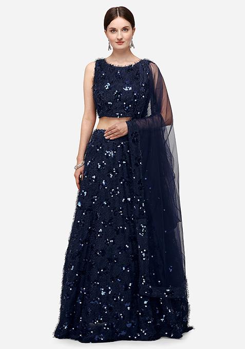 Navy Blue Sequin Embroidered Silk Lehenga Set