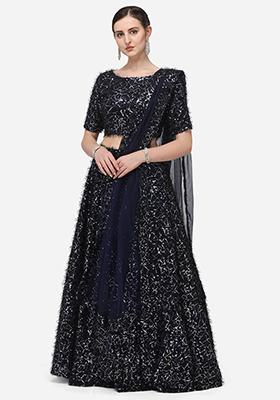 Navy Blue Embroidered Silk Lehenga Set