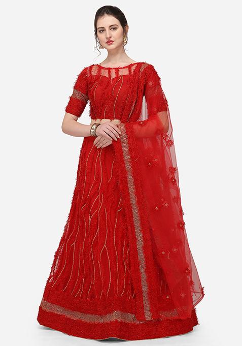 Red Thread Embroidered Net Lehenga Set