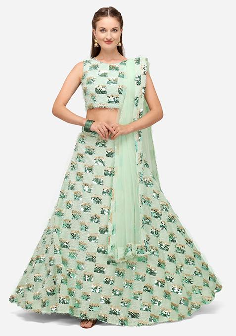 Sea Green Sequin Embroidered Silk Lehenga Set