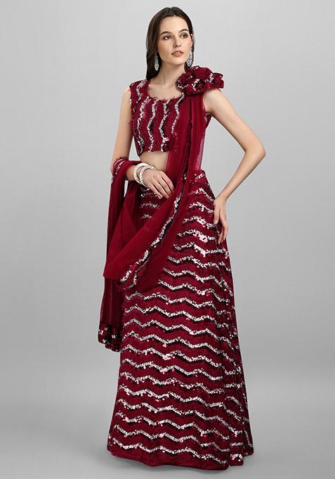 Maroon Embroidered Silk Lehenga Set