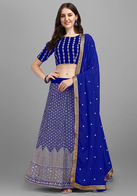 Royal Blue Thread Embroidered Georgette Lehenga Set