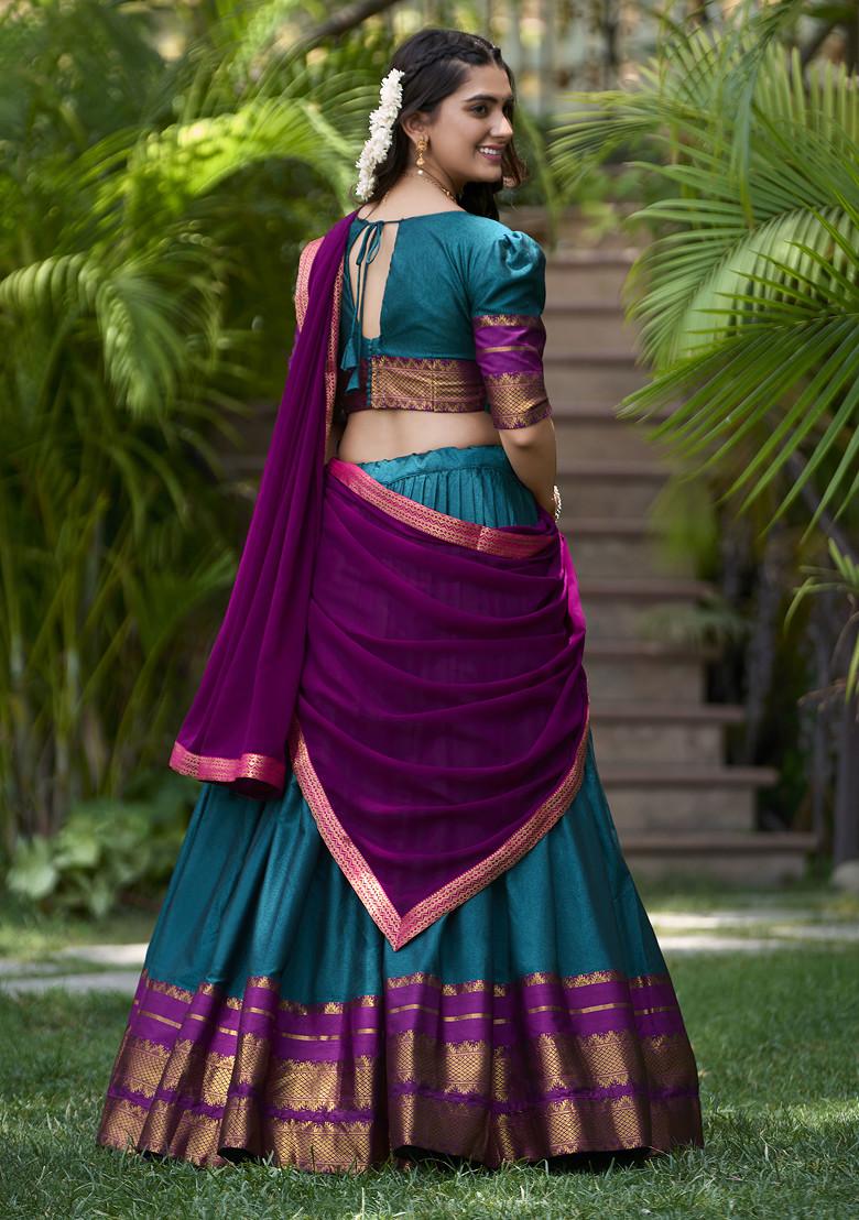 Teal Printed Cotton Zari Weaving Work Lehenga Set