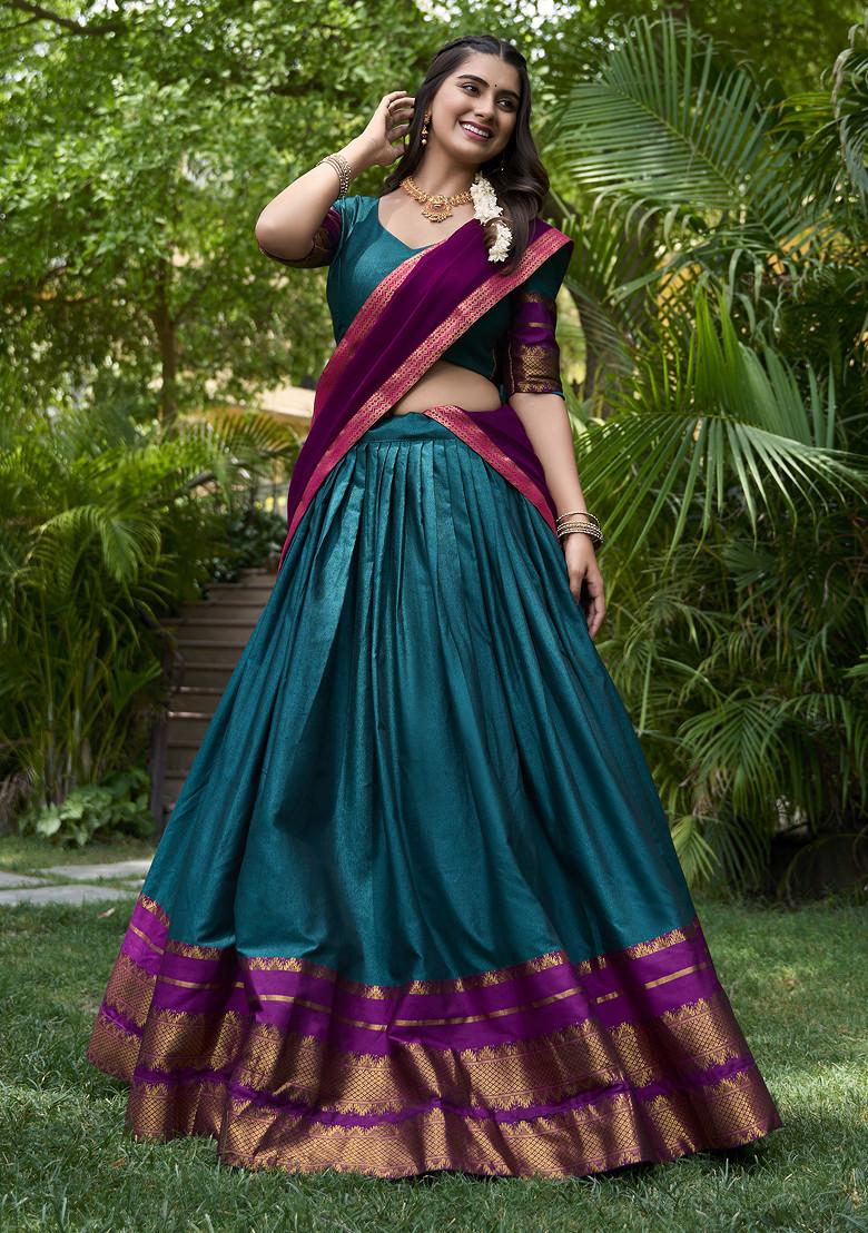 Teal Printed Cotton Zari Weaving Work Lehenga Set