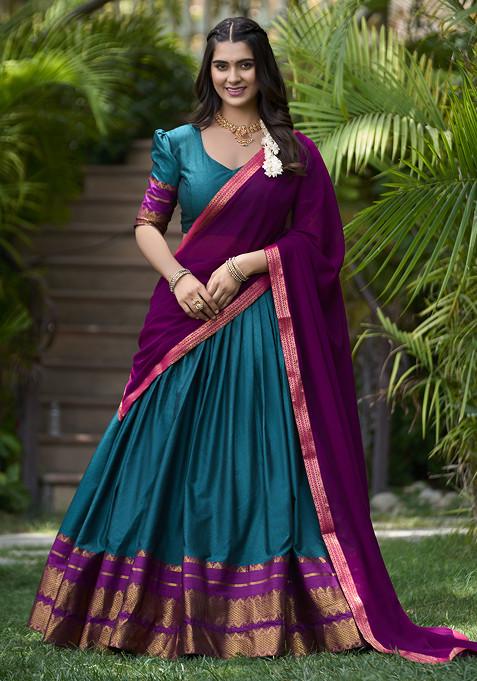 Teal Printed Cotton Zari Weaving Work Lehenga Set