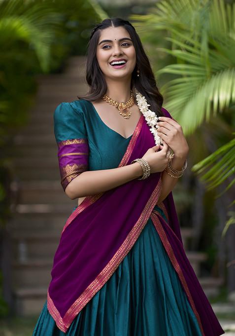 Teal Printed Cotton Zari Weaving Work Lehenga Set