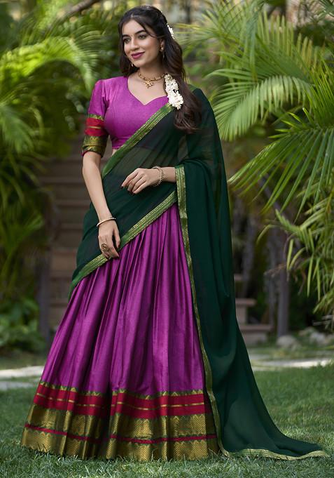 Pink Printed Cotton Zari Weaving Work Lehenga Set