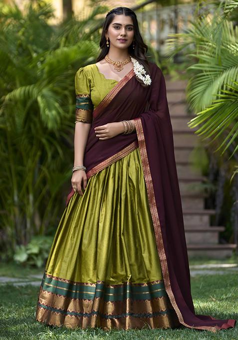 Olive Green Printed Cotton Zari Weaving Work Lehenga Set