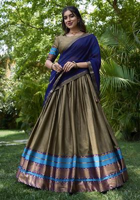 Chiku Brown Printed Cotton Zari Weaving Work Lehenga Set