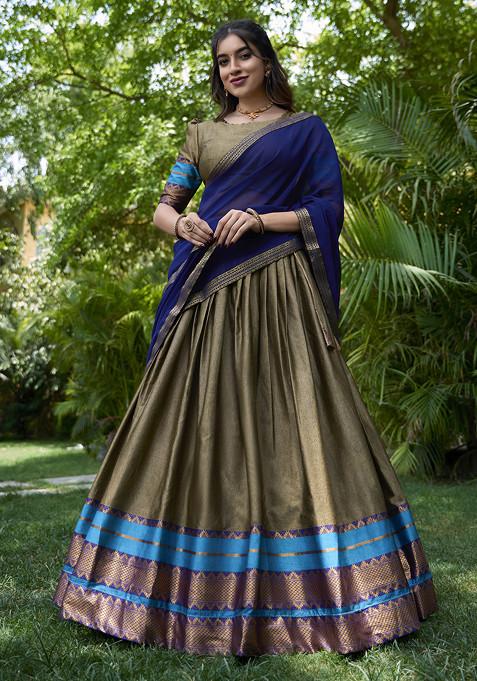 Chiku Brown Printed Cotton Zari Weaving Work Lehenga Set