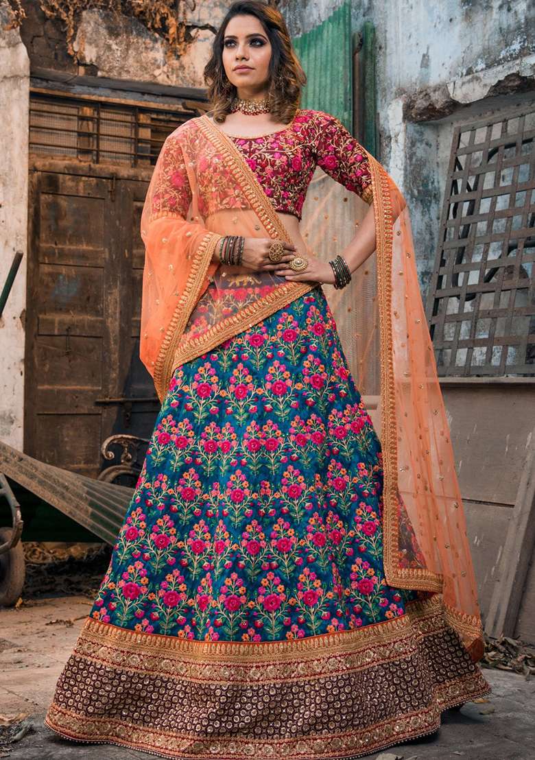 Navy Blue Sequin Embroidered Mulberry Silk Blend Lehenga Set for Diwali and Festive Wear - Indya