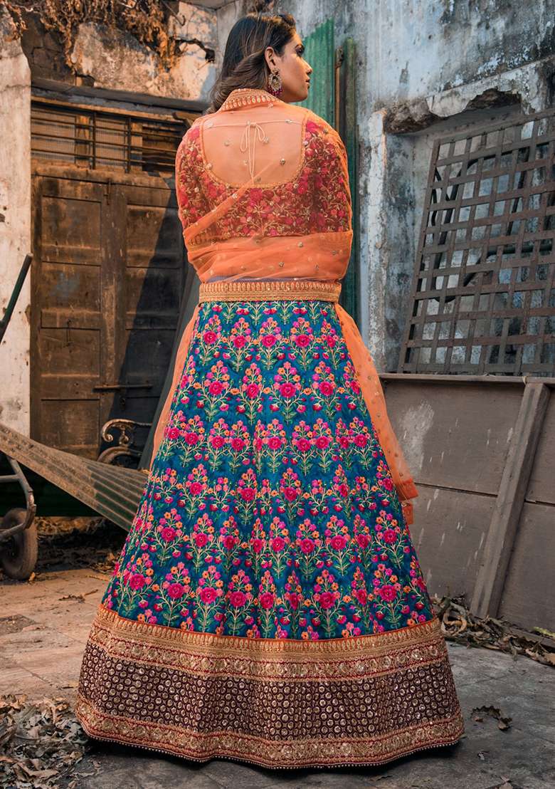 Navy Blue Sequin Embroidered Mulberry Silk Blend Lehenga Set for Diwali and Festive Wear - Indya