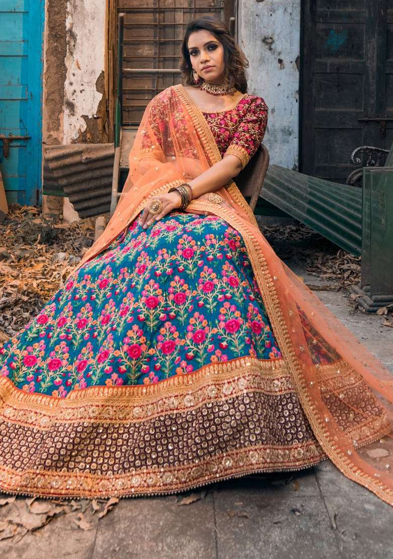 Navy Blue Sequin Embroidered Mulberry Silk Blend Lehenga Set for Diwali and Festive Wear - Indya