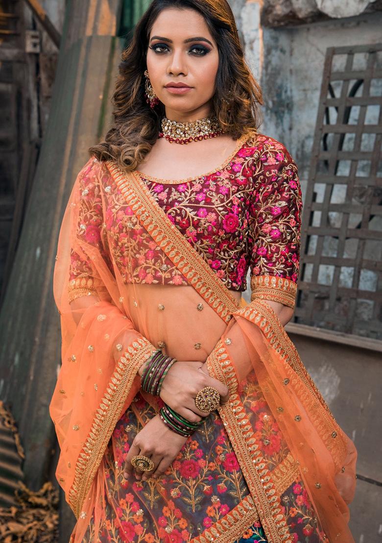 Navy Blue Sequin Embroidered Mulberry Silk Lehenga Set - Indya