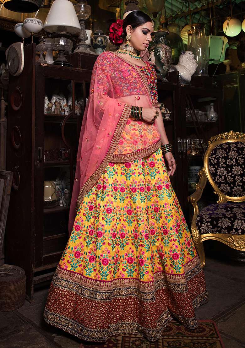 Yellow Sequin Embroidered Mulberry Silk Blend Lehenga Set for Diwali and Festive Wear - Indya