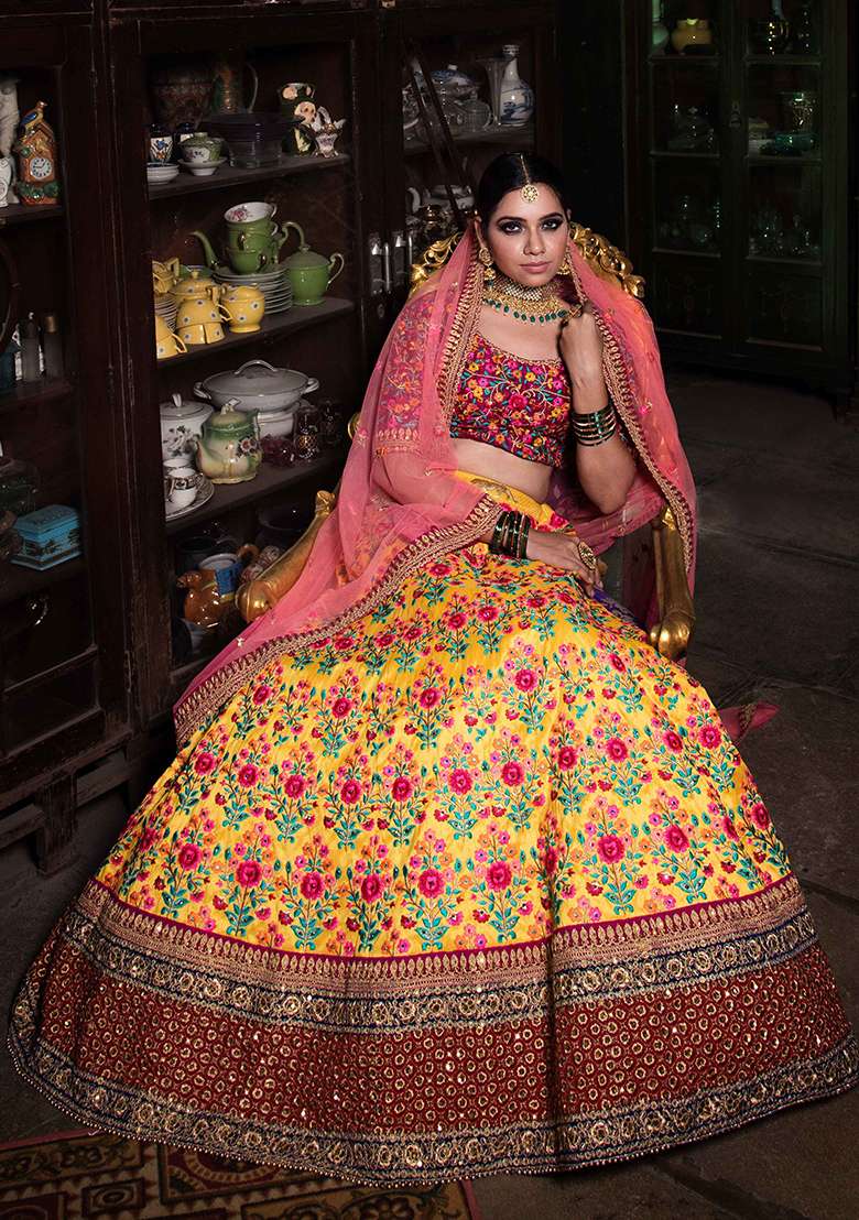 Yellow Sequin Embroidered Mulberry Silk Blend Lehenga Set for Diwali and Festive Wear - Indya