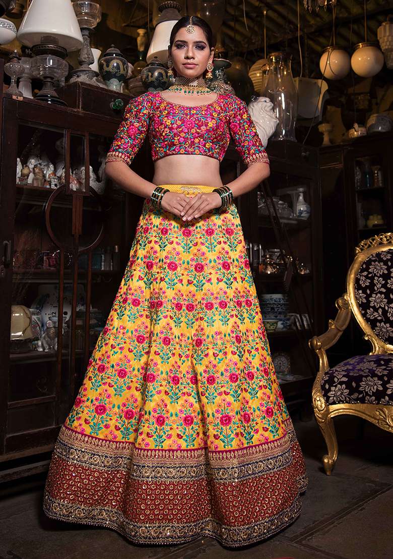 Yellow Sequin Embroidered Mulberry Silk Blend Lehenga Set for Diwali and Festive Wear - Indya