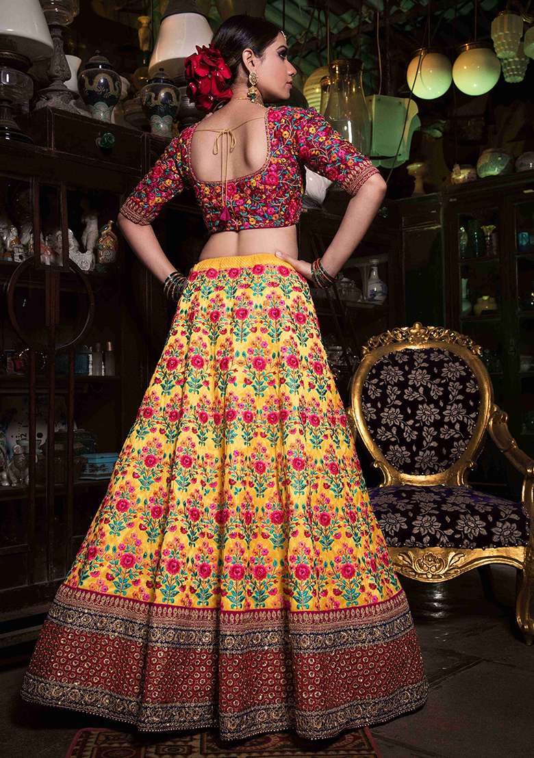 Yellow Sequin Embroidered Mulberry Silk Blend Lehenga Set for Diwali and Festive Wear - Indya