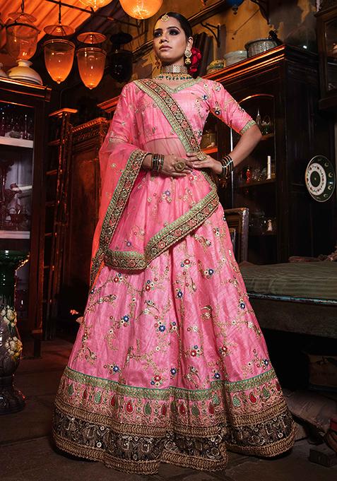 Pink Thread Zari Embroidered Art Silk Lehenga Set