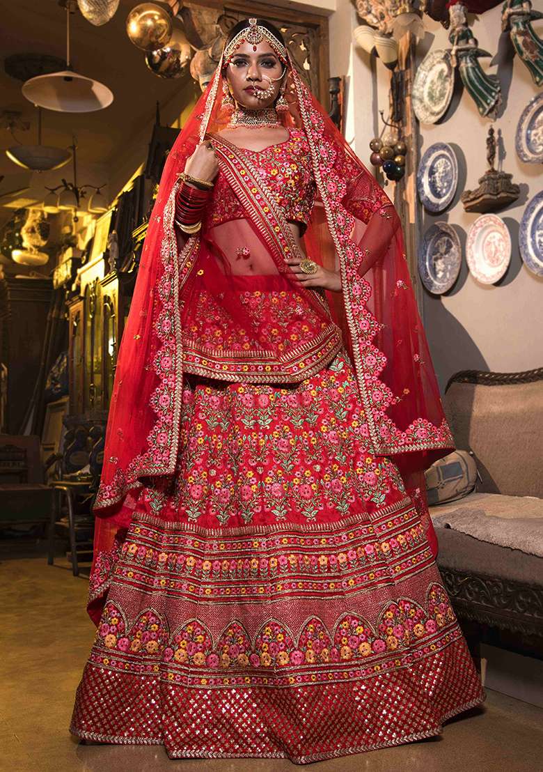 Red Sequin Embroidered Mulberry Silk Blend Lehenga Set for Diwali and Festive Wear - Indya