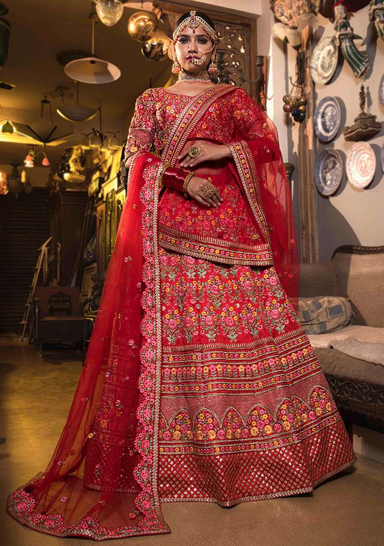 Red Sequin Embroidered Mulberry Silk Blend Lehenga Set for Diwali and Festive Wear - Indya